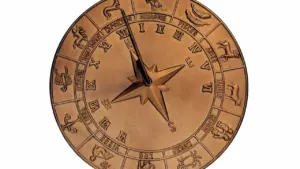 Zelta krāsas horoskopa ripa ar zodiaka zīmēm uz balta fona.