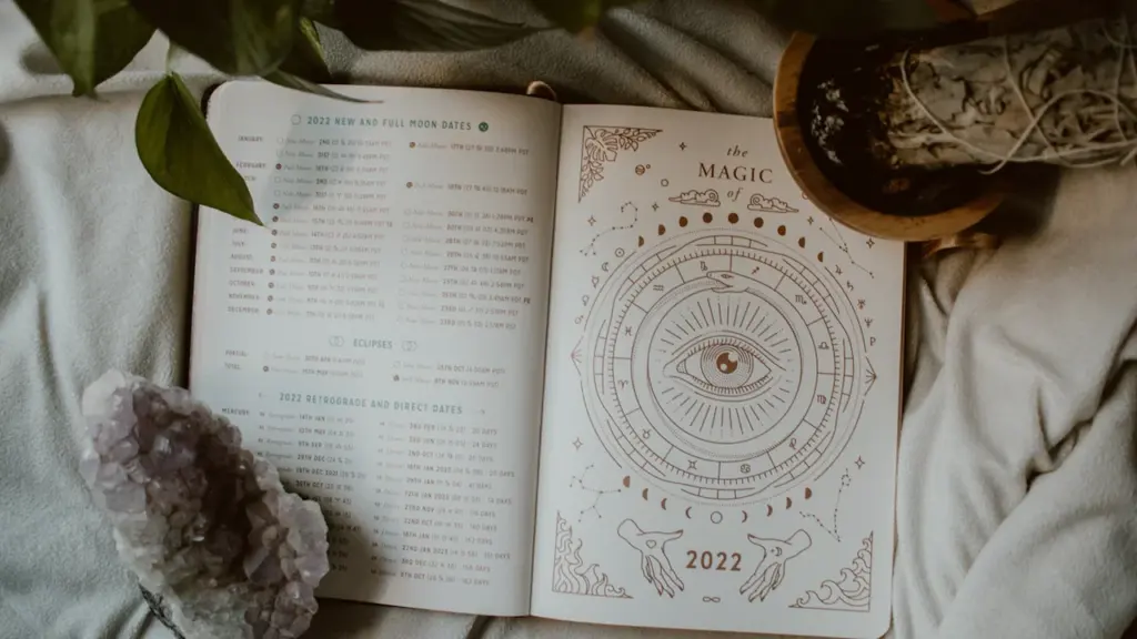 Atvērta grāmata ar astroloģiskiem simboliem un kristālu uz gultas segas